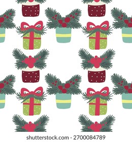 Weihnachtsfest nahtlose Muster. Handgezeichnete Geschenkboxen und Fellzweige.