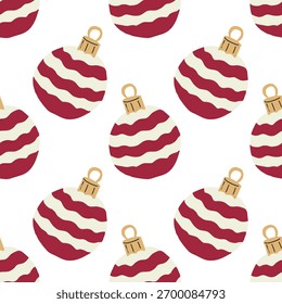 Christmas festive seamless pattern. Hand drawn christmas ornaments, gift boxes and fur branches..