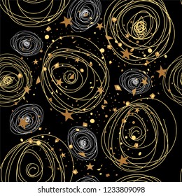 Christmas festive seamless pattern on black night background. Winter. Snowstorm. Vector image.