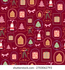 Patrón sin fisuras festivas de Navidades con Santa Claus, árboles de Navidad, una casa de jengibre y una caja de regalo. Fondo de Navidades festivas de invierno. Vector.