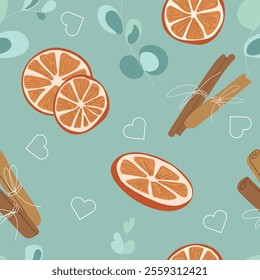 A Christmas festive seamless pattern with slices of dried orange, sprigs of eucalyptus, and cinnamon sticks. Turquoise background. A beautiful vector pattern without seams and joints