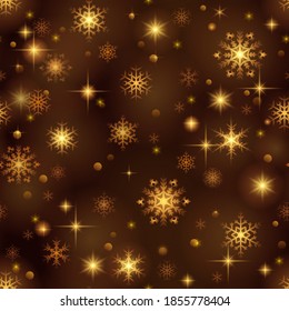 Patrón festivo sin fisuras con copos de nieve y chispas. Dorado brillante fondo oscuro para textil, papel de envoltura de vacaciones, scrapbooking, web e impresión