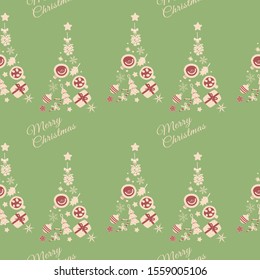 Christmas festive seamless pattern with Christmas trees with cups with hot chocolate and spicy tea top view,mistletoe branch,snowflakes and gingerbread.New Year bundle decor elements. Flat vector set