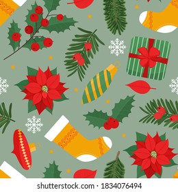 Christmas festive seamless pattern for wrapping paper or fabric with different elemets. Vector illustration in flat style