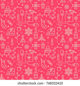 Christmas festive seamless pattern with xmas elements. Thin line repeated vector pattern.