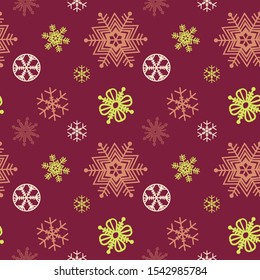 Christmas festive seasonal seamless pattern. Colorful snow flakes over dark red background