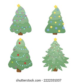 Fiesta navideña decorativa de árboles navideños decorados con bolas navideñas, guirnaldas y estrellas