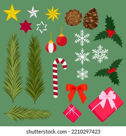 Christmas festive set, pine leaves branch,  conifer cone, holly with red berries, ball, snowflake, red gift present box, bow ribbon, Christmas star, vector illustration winter holiday celebration.