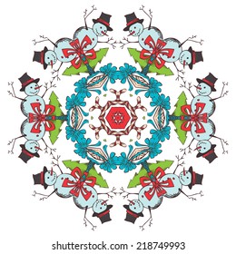 Christmas festive snowflake. Hand-drawn ornament of snowmen, Christmas trees, candy canes, gifts and bows.