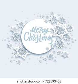 Christmas festive snowflakes background for holiday invitation or card. Celebration illustration for design banner, ticket, leaflet and so on. Papercut winter decoration. Merry Christmas lettering.