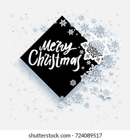 Christmas festive snowflakes background for holiday invitation or card. Celebration illustration for design banner, ticket, leaflet and so on. Papercut winter decoration. Merry Christmas lettering.