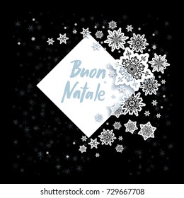 Christmas festive snowflakes background for holiday invitation or card. Papercut winter decoration for design banner, ticket, leaflet and so on. Merry Christmas Italian inscription.