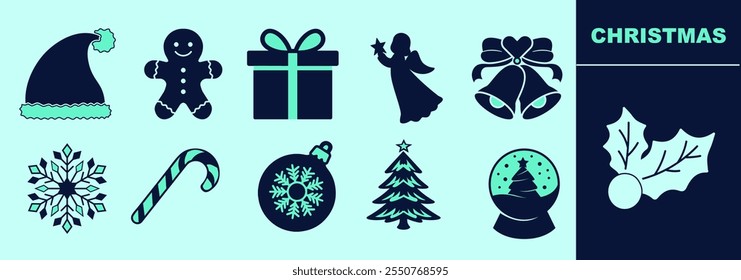 Christmas festive SOLID icon set for logo and digital work. Gingerbread man, Santa hat, snow globe, snowflake, ornaments, angel, bells, present, Christmas tree. Editable elements, size and color.
