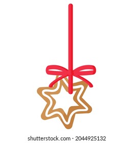 Christmas festive star gingerbread covered by white icing with red ribbon. Merry christmas and happy new year concept.