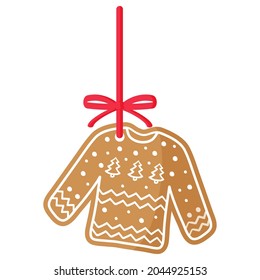 Christmas festive sweater gingerbread cookie covered by white icing with red ribbon. Merry christmas and happy new year concept.