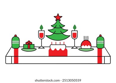 Christmas festive table setting vector line art, clipart illustration with isolated on white background
