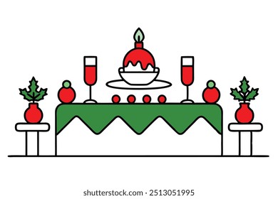 Christmas festive table setting vector line art, clipart illustration with isolated on white background