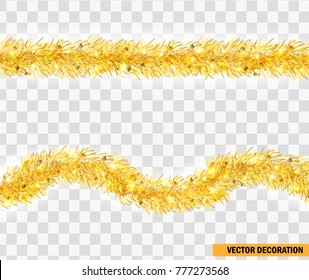 Christmas festive traditional decoration golden lush tinsel. Xmas ribbon garland isolated. Holiday realistic decor element. Tinsel for christmas tree. Straight and curved festive frippery. Vector.