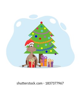Árbol festivo de Navidad con cajas de regalo y con un toro, un símbolo del año nuevo. Ilustración vectorial. Tarjeta.