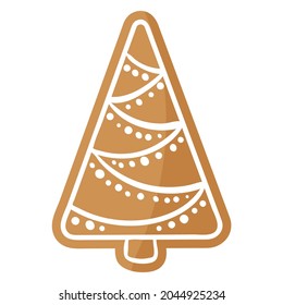 Christmas festive Christmas tree gingerbread cookie covered by white icing. Merry christmas and happy new year concept.