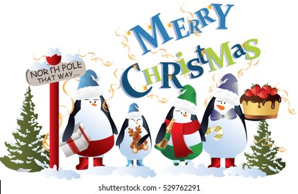 Christmas festive vector background with penguins at the north pole