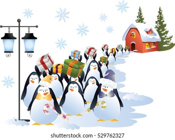 Christmas festive vector background with penguins