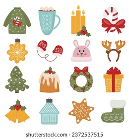 Christmas festive vector collection with Christmas tree toys, gift, fir tree, sweater, cookies, candy. Set of winter holiday icons. Design for prints, cards, posters. Bright Christmas set.