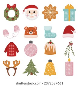 Christmas festive vector collection with Christmas tree toys, gift, fir tree, sweater, cookies, candy. Set of winter holiday icons. Design for prints, cards, posters. Bright Christmas collection.