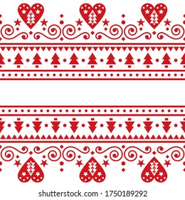 Christmas festive vector greeting card design - Scandinavian traditional embroidery folk art style pattern with Christmas trees, hearts and swirls. Christmas festive vector greeting card design 