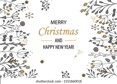 Christmas festive vintage background or horizontal banner with flowers,berries and plants. Vector sketch engraved botanical set. Floral hand drawn etching fir-tree, holly berries, cones, spruce.