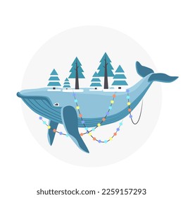 Christmas festive whale. Winter holiday decoration, bring merry christmas vector cartoon illustration