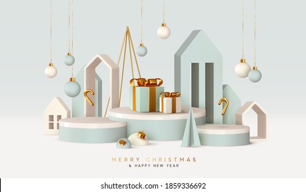 Christmas festive winter 3d composition. Realistic stage, podium, Xmas studio. Minimal abstract new year background. Modern Creative holiday template. Banner and poster. Vector illustration