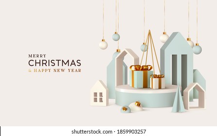 Christmas festive winter 3d composition. Realistic stage, podium, Xmas studio. Minimal abstract new year background. Creative holiday template. Banner and poster. Podium for sales. Vector illustration