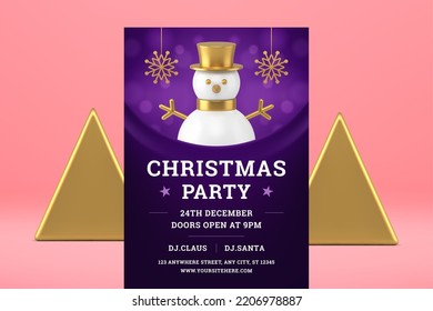 Christmas festive winter holiday disco night party purple design realistic 3d icon vector illustration. Xmas New Year celebration music event discotheque premium snowman golden snowflakes bauble