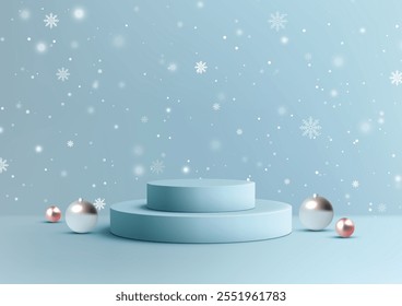 Christmas festive winter scene with 3D two tiered podium, surrounded by snowflakes and ornaments on a light blue background. Product displays, mockups, and seasonal marketing