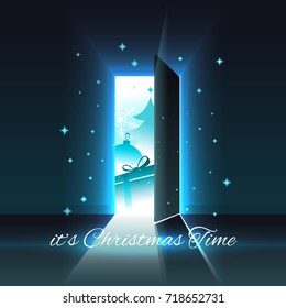 Christmas festive wonders in an open glowing door. Christmas and New Year greeting card, vector illustration with well organized layers