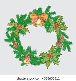Christmas festive wreath of branches of Christmas trees with decorations and bells