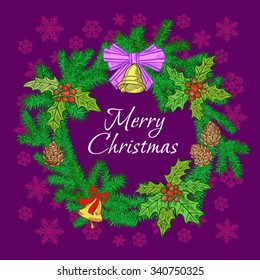 Christmas festive wreath of branches of Christmas trees with decorations and bells with congratulatory text