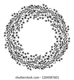 Christmas festive wreath with grass for decoration invitation or greeting or post card. Floral frame for wedding or party or gift tag. Winter vector hand drawn illustration. Ink style. Engraving stamp