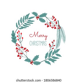 Christmas Festive wreath greeting card, isolated on white background. Traditional usa elements, pine cone, holly berry, tree brunch and leaves in flat cartoon style. Simple illustration. 