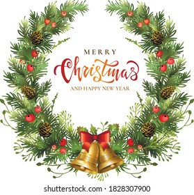 Christmas festive wreath with jingle bells, fir branches, holly berries and lettering inscription. Vector illustration.