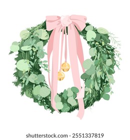 A Christmas festive wreath with a pink large bow and gold bells. Eucalyptus leaves pine and spruce branches Vector on a transparent background in pastel shades A modern illustration of wreath on door