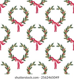 Christmas festive wreathes with bows Vector seamless pattern. Wallpaper in Vintage style perfect for textile design, wrapping, wallpaper. Fabric design for New Year graphics 