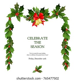 Christmas festiveholly design elements. Holiday image for design banner, ticket, invitation or card, leaflet and so on. Nature holly branches with bell and ribbon.
