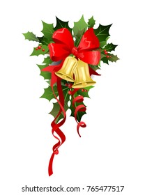 Christmas festiveholly design elements. Holiday image for design banner, ticket, invitation or card, leaflet and so on. Nature holly branches with bell and ribbon.