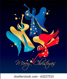 Christmas figured Angels with golden stars on a dark blue background. Vector illustration.