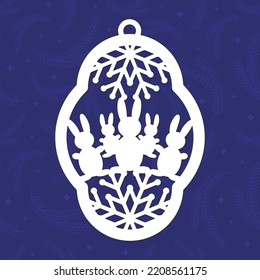 Christmas figured ball with snowflake and rabbits, template of laser cutting. Merry Christmas tree decoration for paper cut out. Vector illustration on blue background.