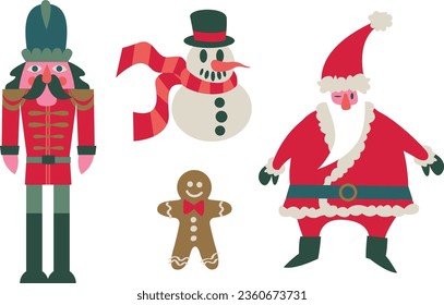 Christmas figures. Santa, snowman, Nutcracker, gingerbread man. Vector illustration on a white background. Flat icon cartoon.