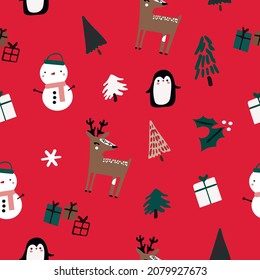 Christmas figures seamless pattern on red background. Christmas trees, snowman, cute reindeer, penguin, gifts, snowflake.
