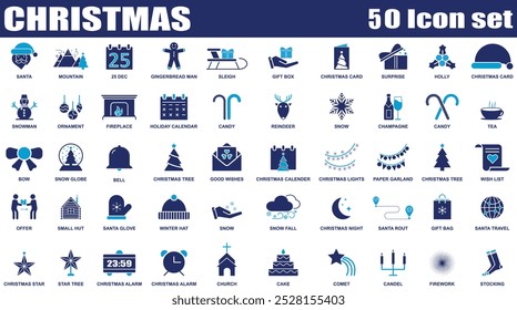 Christmas fill web 50 icons set isolated. Colorful Collection of Xmas icons set. Set of Modern Flat Christmas Icons for Design Projects